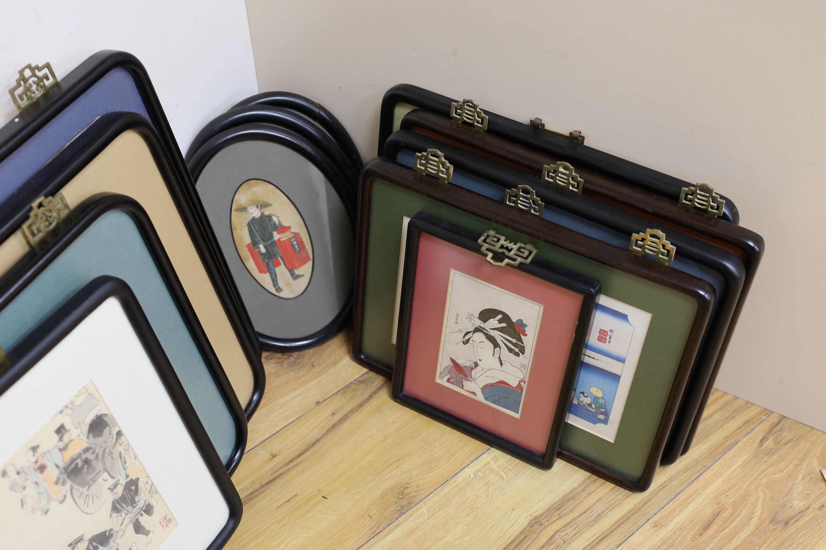 A group of assorted Japanese woodblock prints including Kubota Rickshaws and three Chinese pith paper paintings